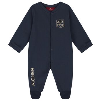 Baby Boys Navy Blue Logo Babygrow