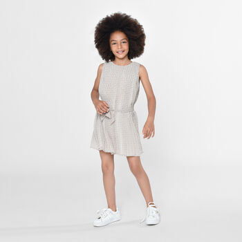 Girls Ivory Logo Pleated Chiffon Dress