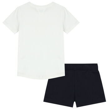 Girls White & Navy Blue Logo Shorts Set