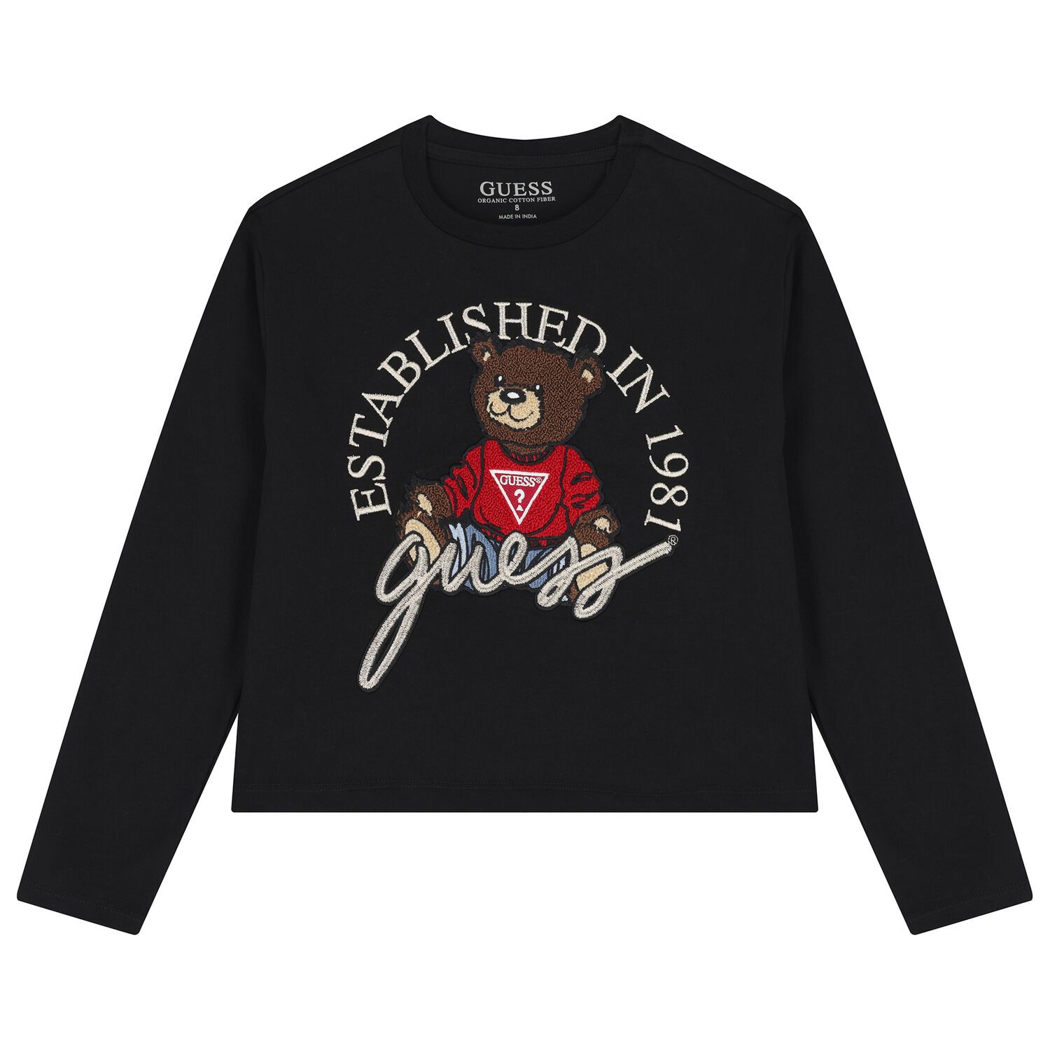 Boys Black Teddy Bear Logo Long Sleeve Top, 3, hi-res image number null