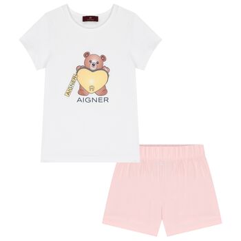 Girls White & Pink Teddy Bear Logo Pyjamas