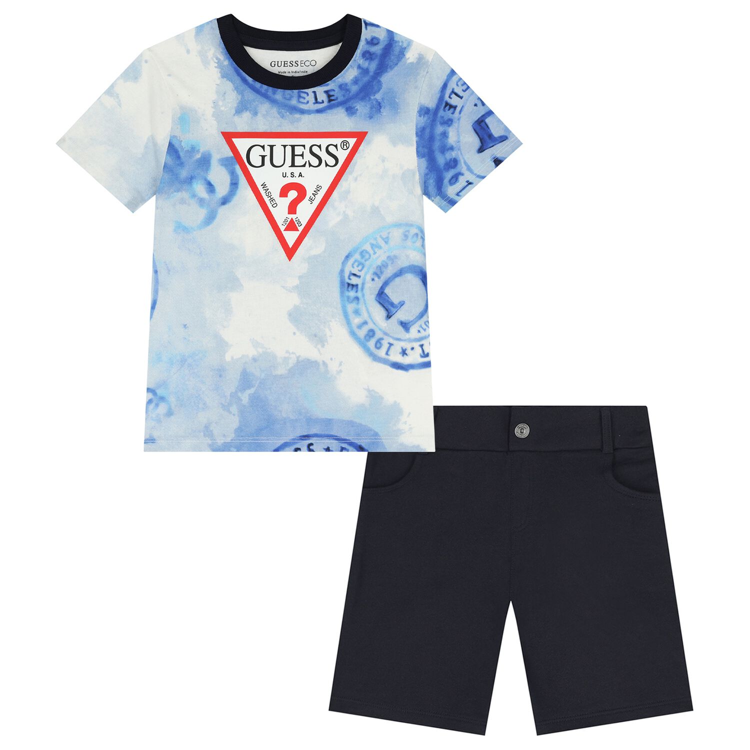 Boys White, Blue & Navy Blue Logo Shorts Set, 1, hi-res