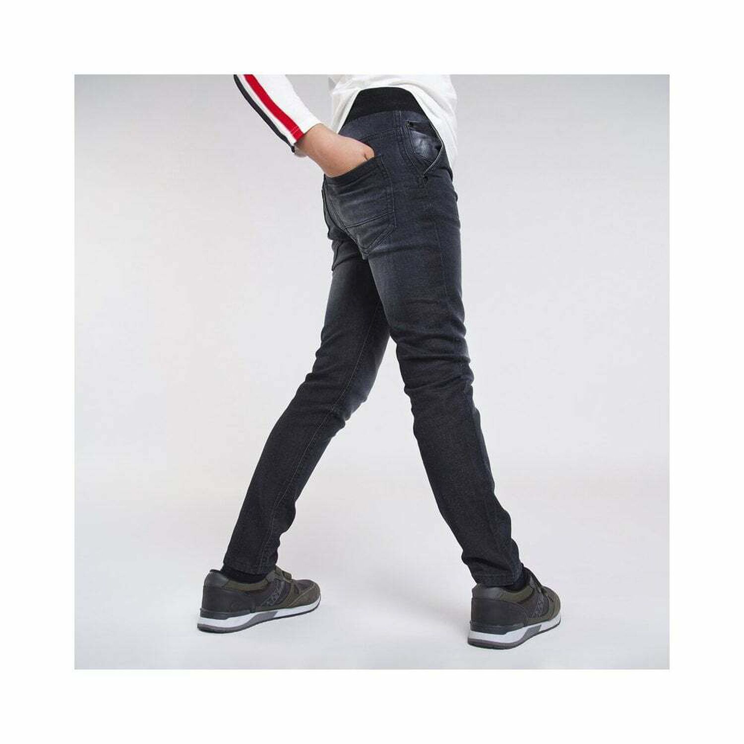 Boys Black Denim Jogger Jeans, 2, hi-res