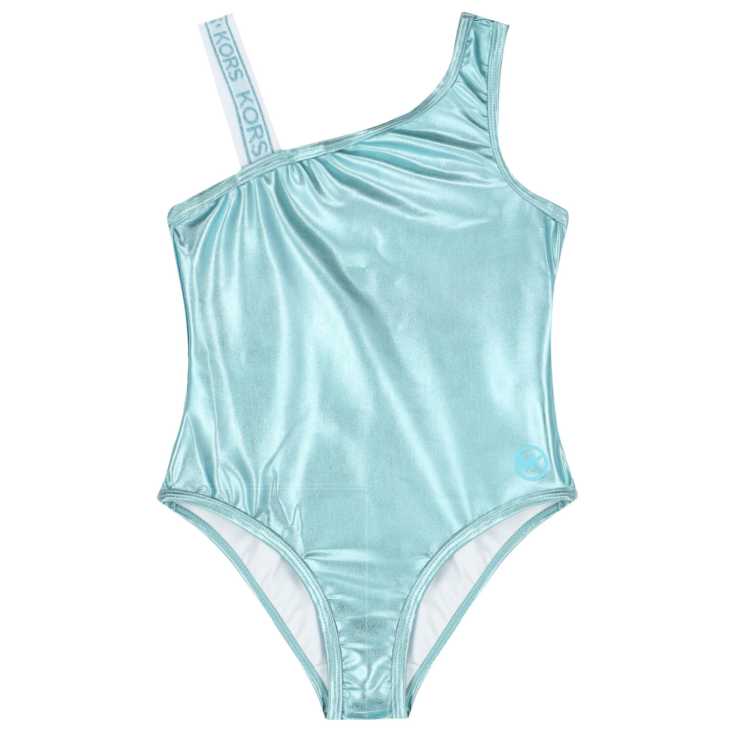 Girls Metallic Aqua Logo Swimsuit, 2, hi-res