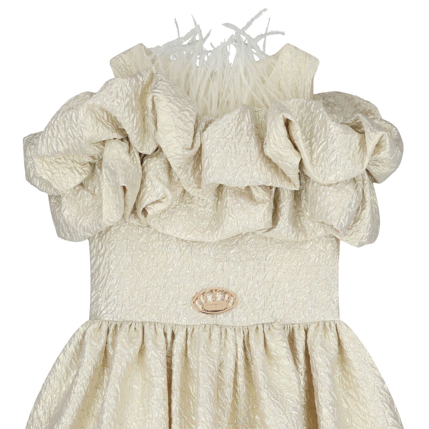 Girls Gold Logo Ruffled Dress, 1, hi-res