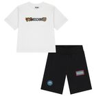 Boys White & Black Teddy Bear Logo Shorts Set, 1, hi-res