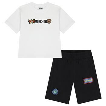 Boys White & Black Teddy Bear Logo Shorts Set