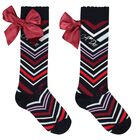 Girls Multi-Coloured Satin Bow Zig Zag Knee High Socks, 1, hi-res