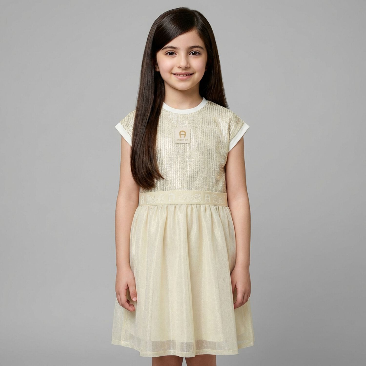 Girls Ivory & Gold Logo Dress, 1, hi-res