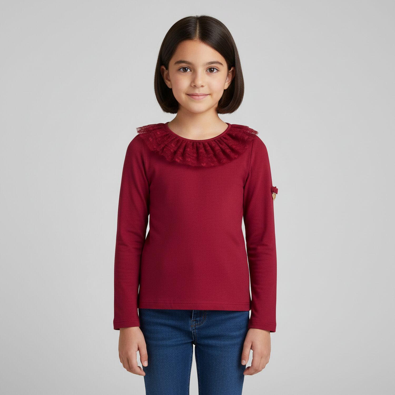 Girls Red Tulle Long Sleeve Top, 1, hi-res image number null