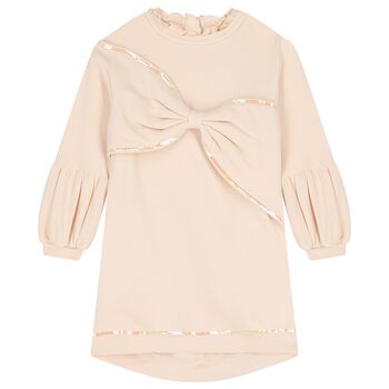 Caramelo Kids Girls Beige Bow Sweatshirt Dress, 1 Girls Beige Bow Sweatshirt Dress
