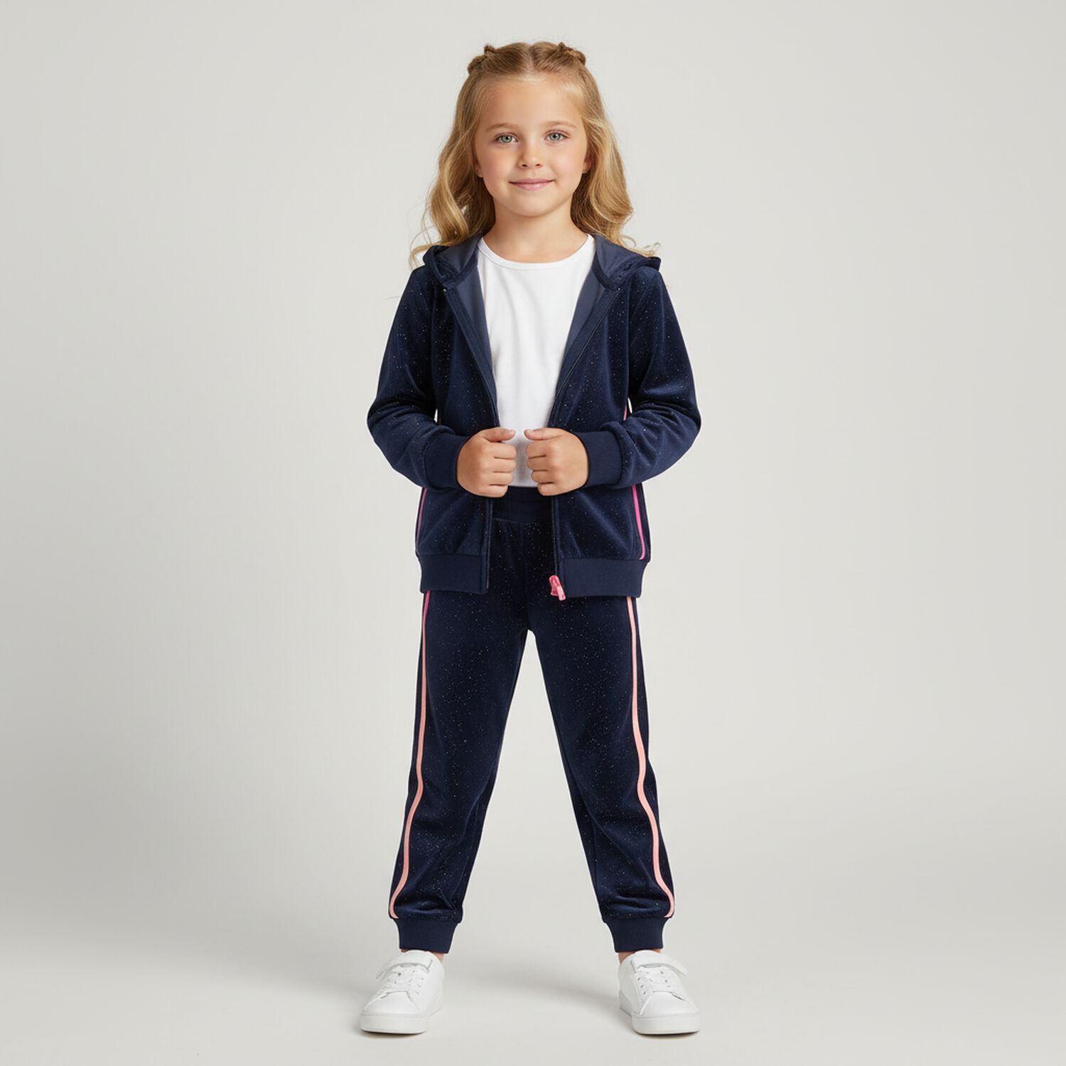 Girls Navy Blue & Pink Hooded Zip Up Top , 1, hi-res
