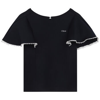 Girls Navy Blue Logo Ruffle Sleeve Top