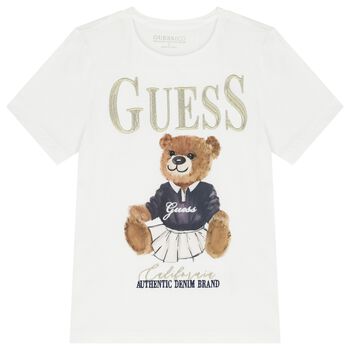 Girls White Cotton Bear Logo T-Shirt
