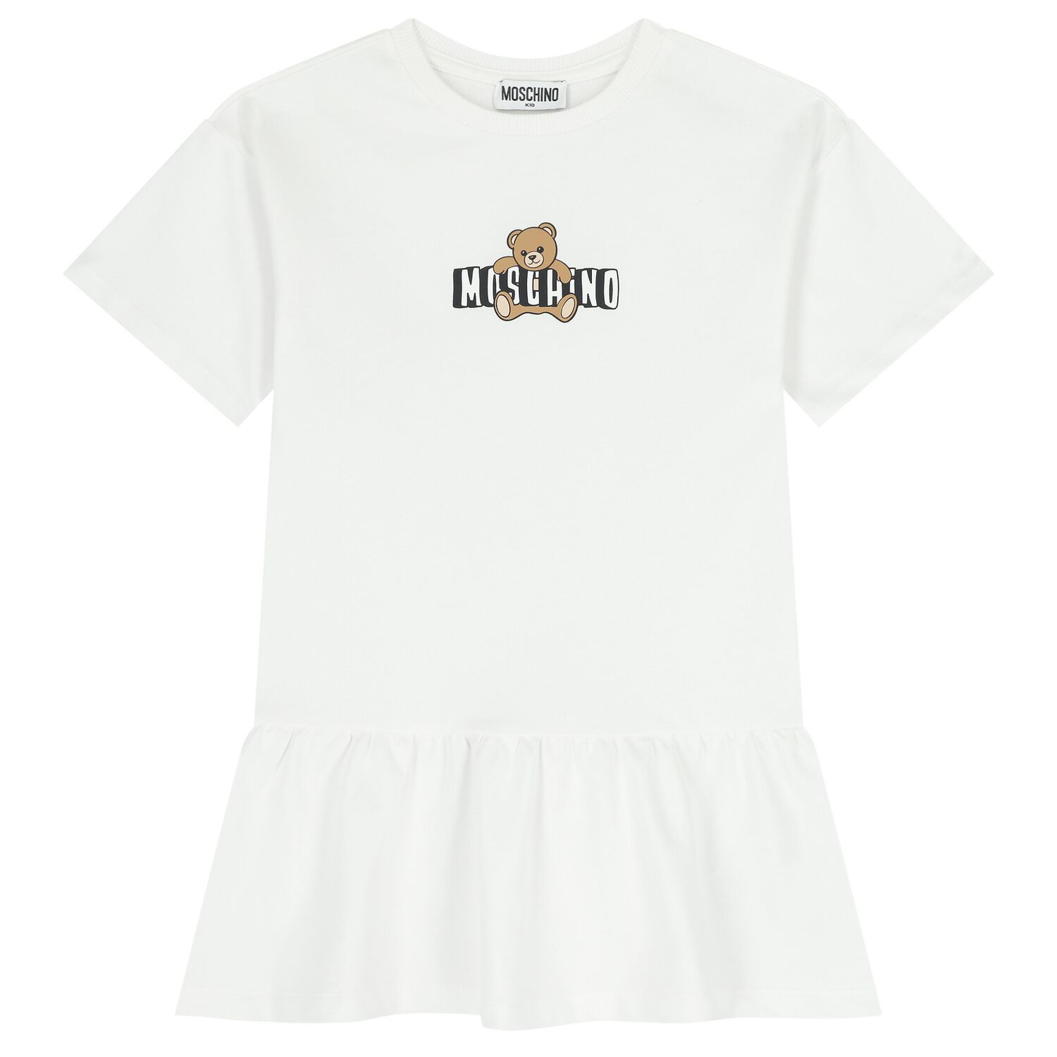 Girls White Teddy Bear Logo Dress, 1, hi-res