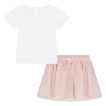 Younger Girls White & Pink Sequin Tulle Skirt Set