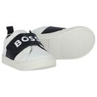 Boys White & Navy Blue Logo Trainers, 1, hi-res