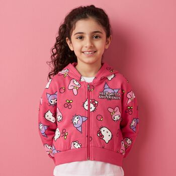 Girls Pink Hello Kitty Hooded Zip Up Top