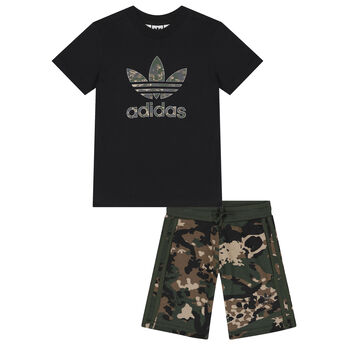 Black & Green Trefoil Logo Camouflage Shorts Set