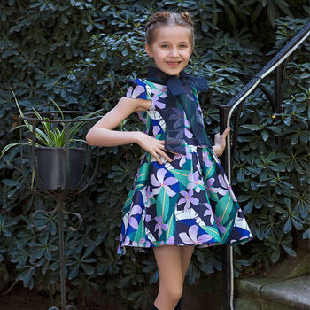 Girls Blue & Purple Floral Satin Dress