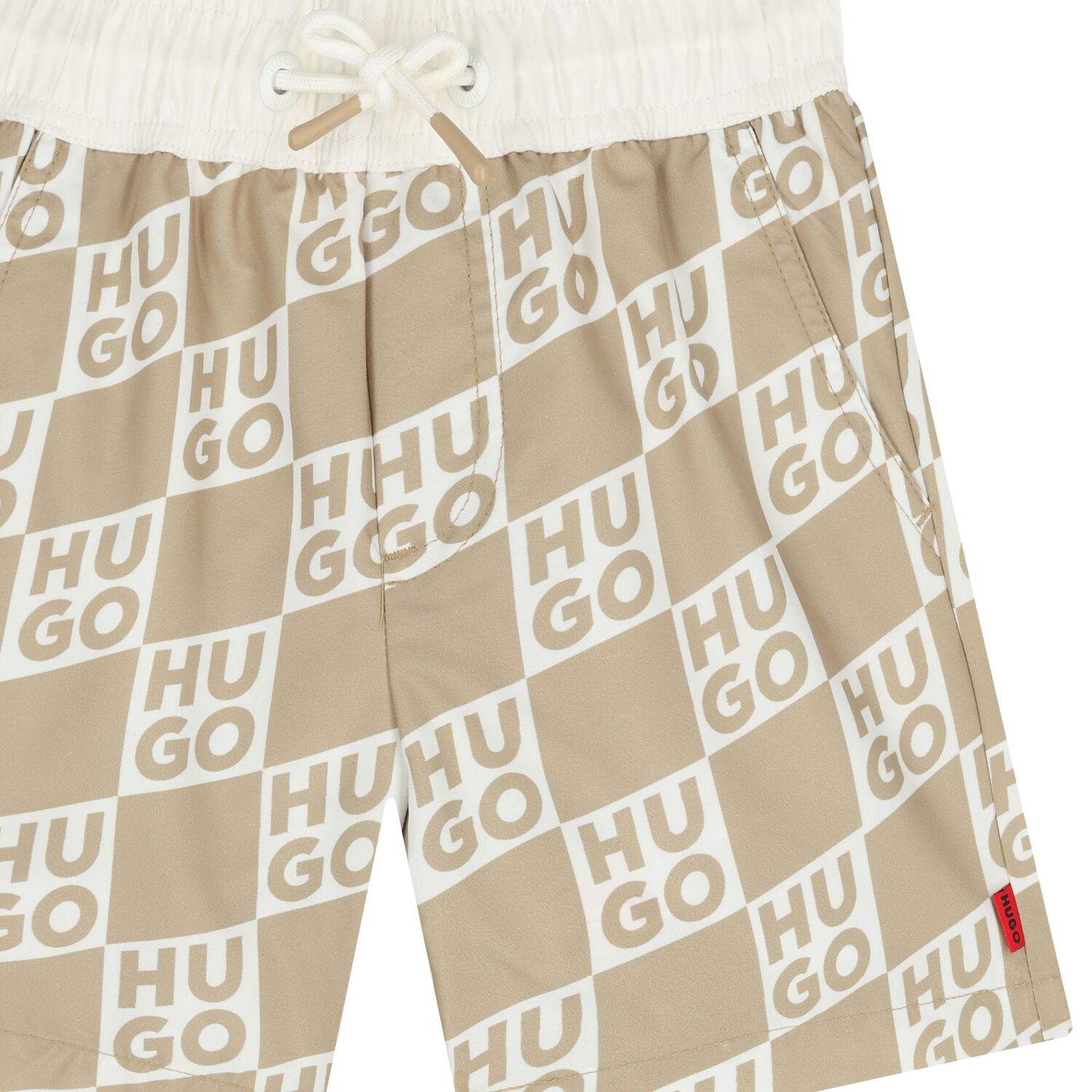 Boys Beige & White Check Logo Swim Shorts, 1, hi-res