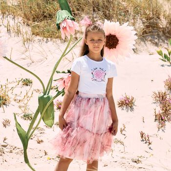 Girls White & Pink Floral Tulle Skirt Set
