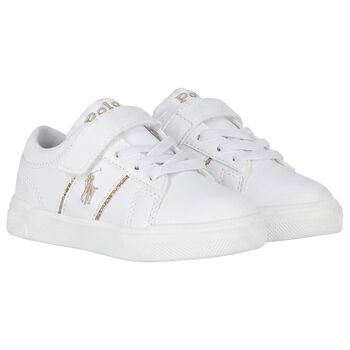 Younger Girls White & Gold Logo Trainers
