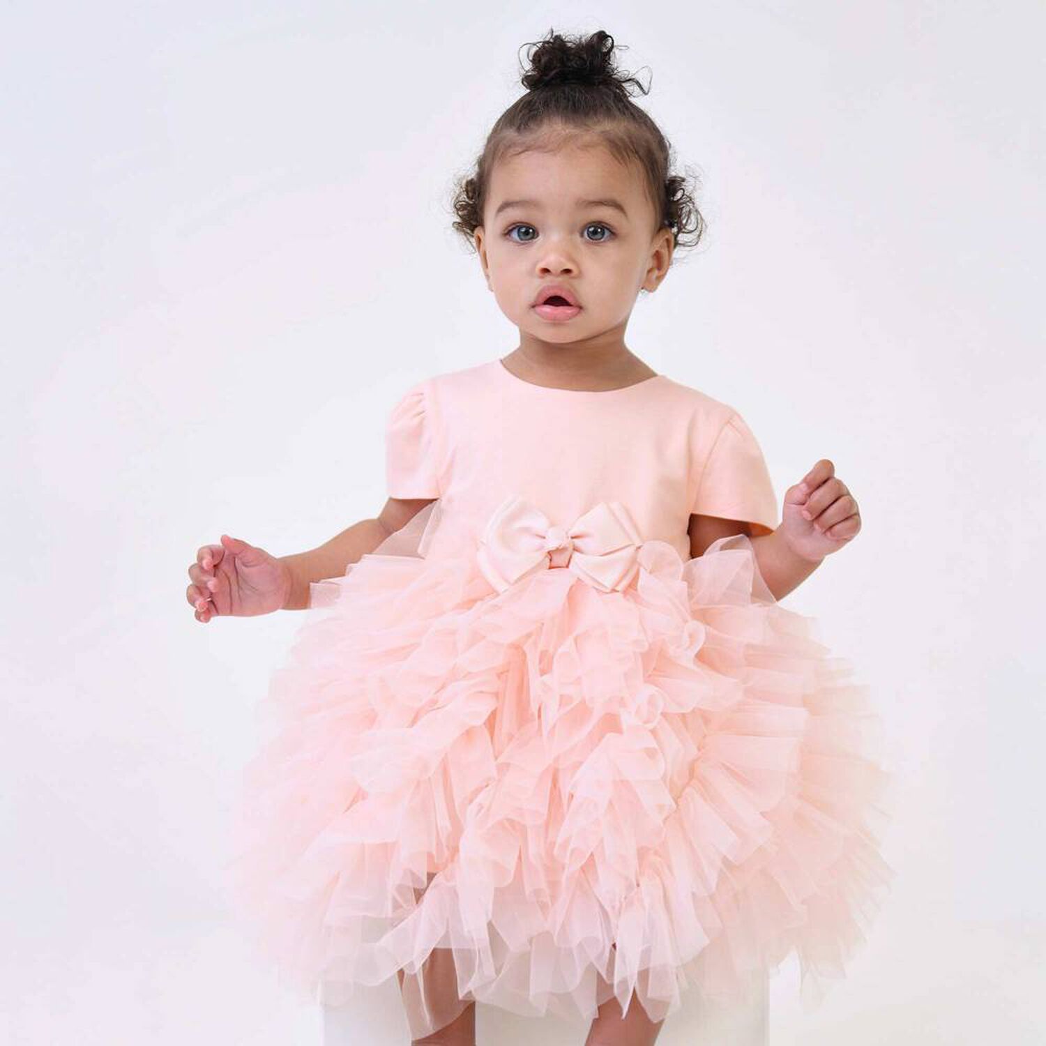 Baby Girls Pink Bow Tulle Dress, 1, hi-res