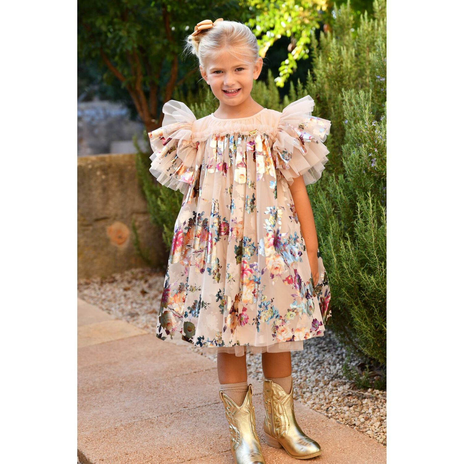 Girls Beige Tulle Flowers Dress, 3, hi-res
