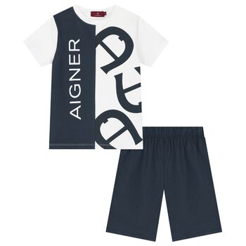 Boys White & Navy Blue Logo Pyjamas