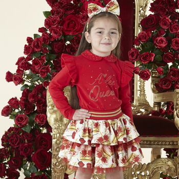 Girls Red & Ivory Crown Skirt Set
