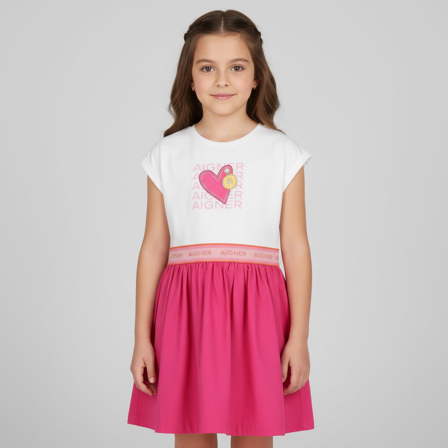 Girls White & Pink Logo Heart Dress, 1, hi-res
