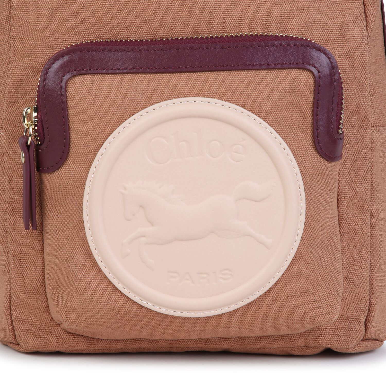 Girls Beige Canvas Horse Logo Backpack ( 26cm ), 1, hi-res