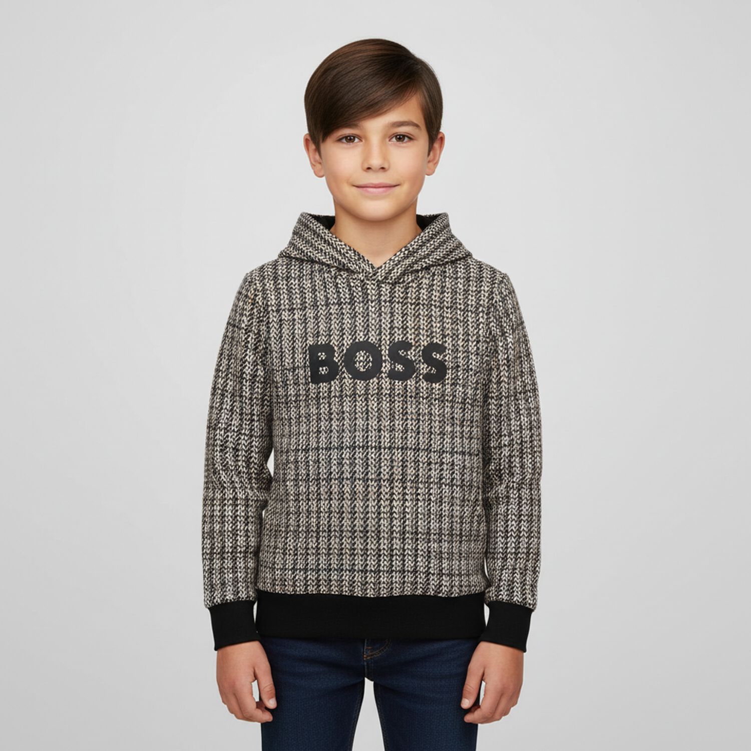 Boys Black, Beige & White Checked Logo Hooded Top, 1, hi-res