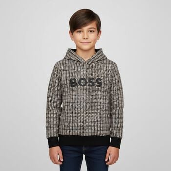 Boys Black, Beige & White Checked Logo Hooded Top