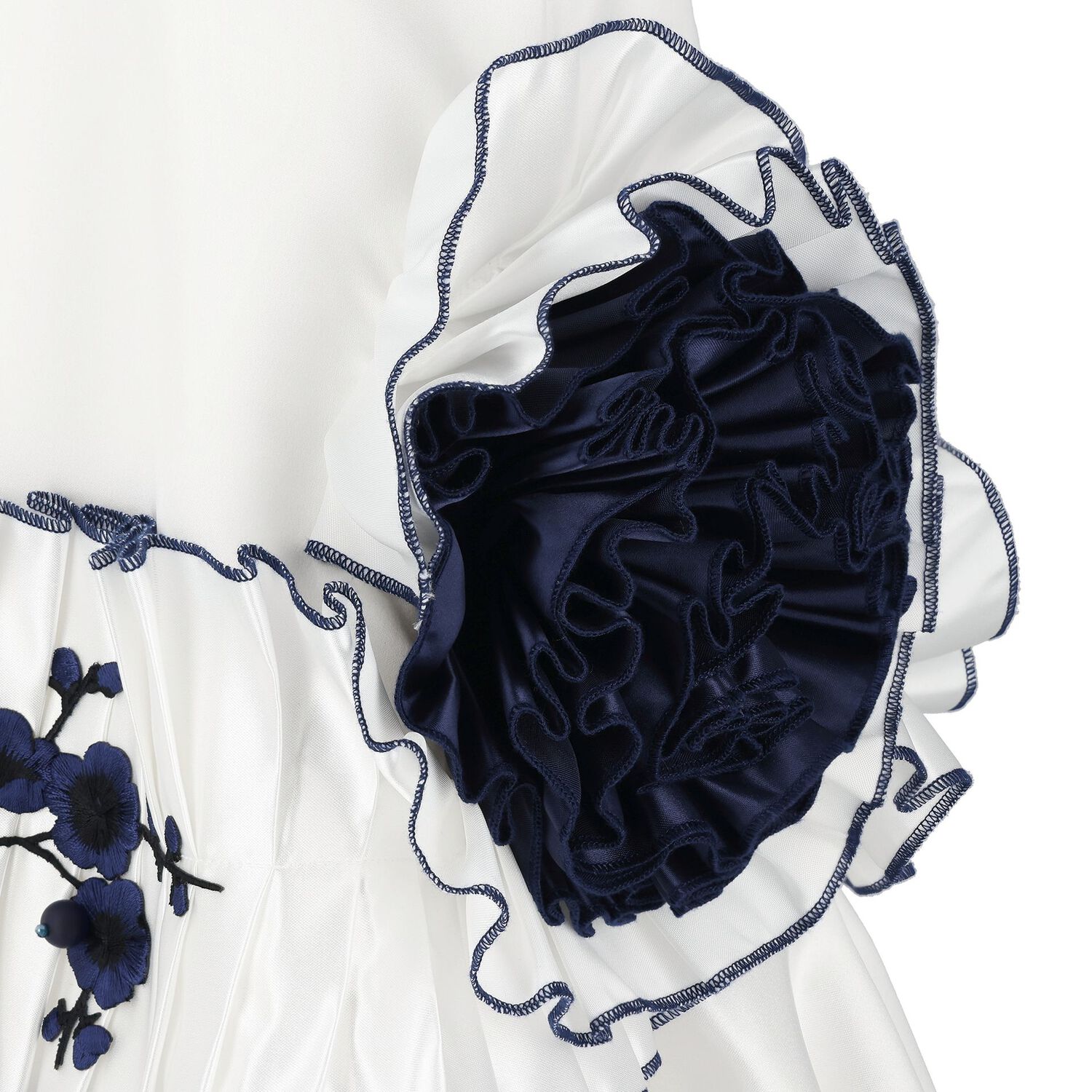 Girls White & Navy Blue Ruffled Dress, 1, hi-res