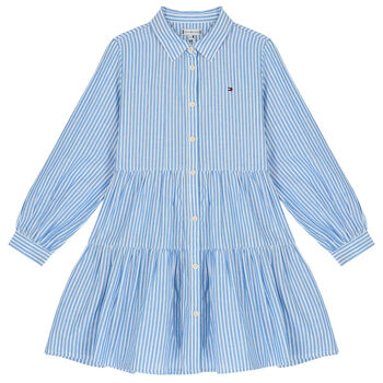 Girls Blue & White Logo Striped Dress