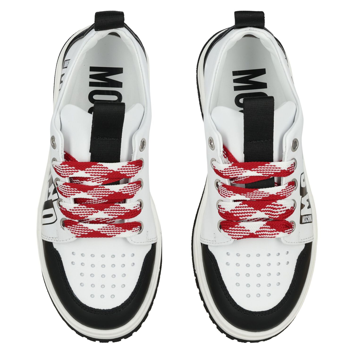 White & Black Logo Leather Trainers, 1, hi-res
