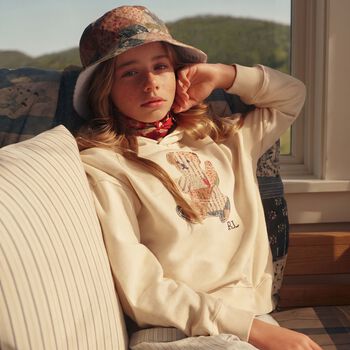 Girls Ivory Patchwork Bear Hooded Top
