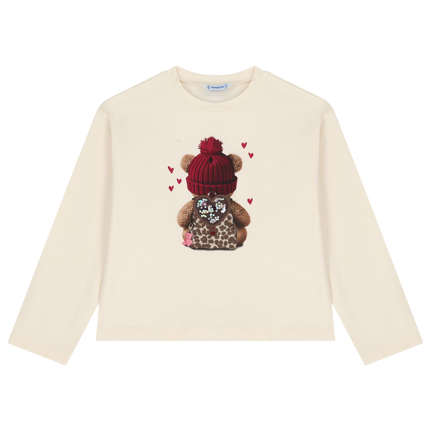 Girls Ivory Teddy Bear Long Sleeve Top, 2, hi-res