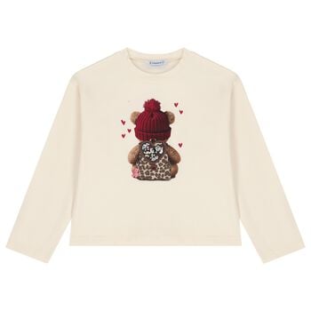 Girls Ivory Teddy Bear Long Sleeve Top