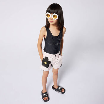 Girls Black Rhinestones Logo Swimsuit