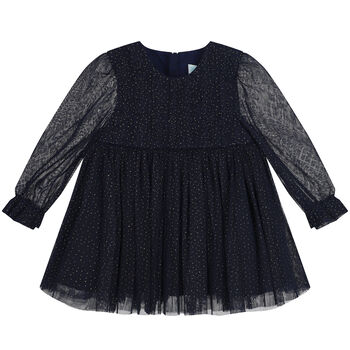 Younger Girls Navy Blue & Gold Glitter Tulle Dress
