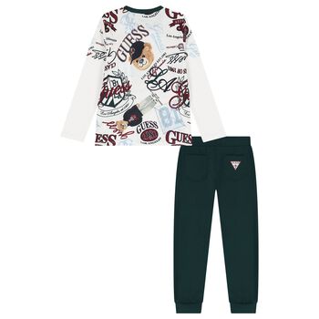 Boys White & Green Teddy Bear Logo Joggers Set