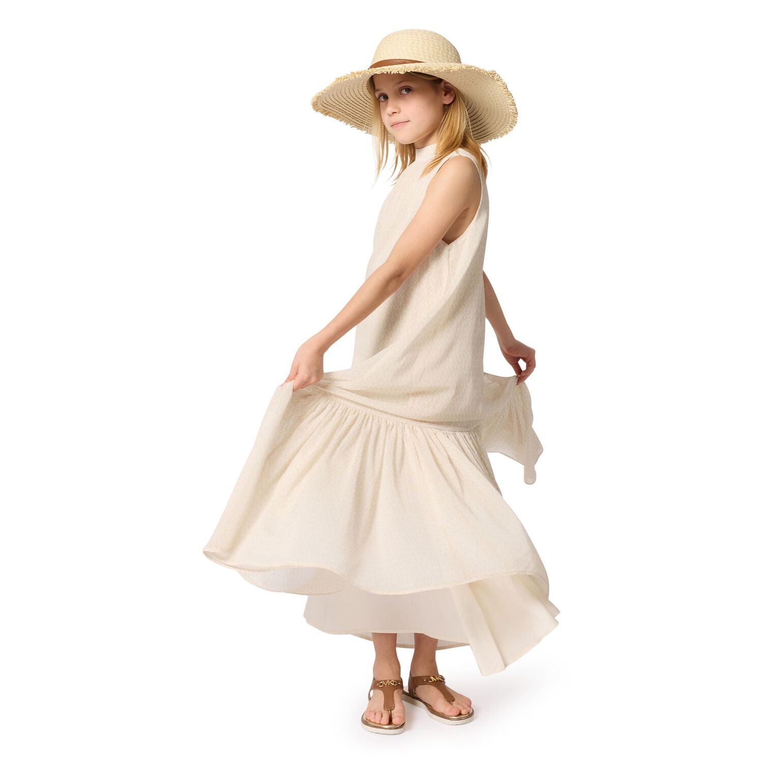 فستان بنات بدون اكمام بالشعارباللون البيج , 1, hi-res
