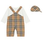 Baby Boys White & Beige Check Dungaree Set, 1, hi-res