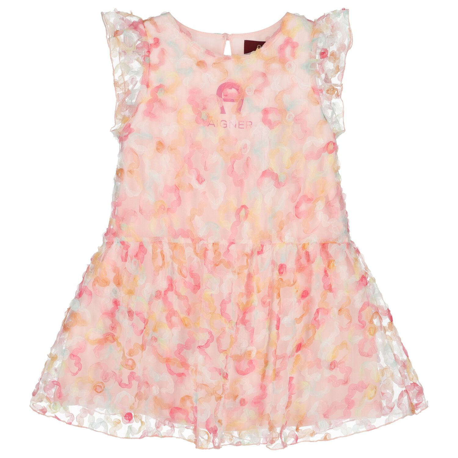 Girls Pink Logo Floral Tulle Dress, 2, hi-res