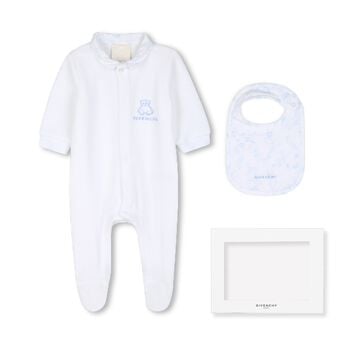 Baby Boys White & Blue Toile de Jouy Babygrow Gift Set