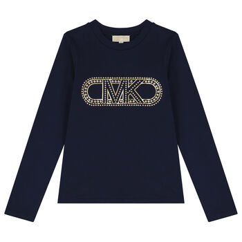 Girls Navy Blue Logo Long Sleeve Top