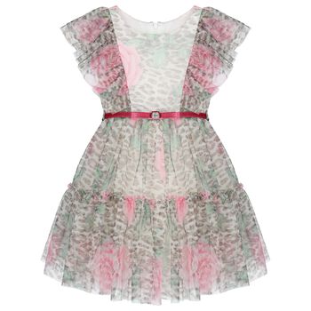 فستان بنات من التول مزين بورد باللون البيج والوردى 